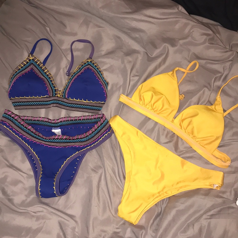 Blue and yellow 2 piece swim suit